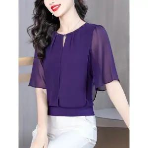 여성스러운 시스루 밴딩 하이넥 퍼플 쉬폰 셔링 블라우스 L 47.5~52.5kg