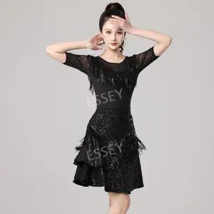 여름 라인댄스복 스팽글 티셔츠 밸리복 스포츠 왈츠 시스루 태슬 댄스 사교 탱고 상의 줌바