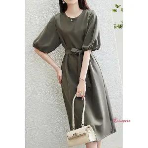 반팔원피스 정장 40대 하객룩 20대 카키 결혼식 30대 퍼프 스트랩 소매 여름 여자 여성jkl237