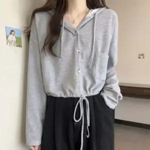 집업가디건코디 밑단스트링 디테일 크롭 기장 여성 캐주얼 후드가디건