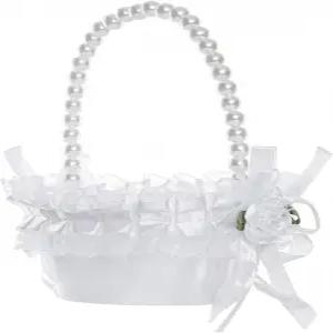 진주 손잡이가 달린 웨딩 플라워 걸 바구니 홈 가든 장식용 새틴 보관 (5835 스몰 1)