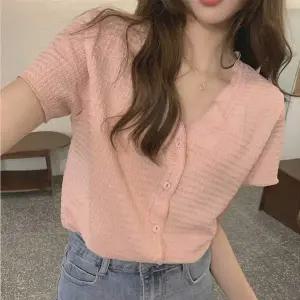 여성 GR19OS48 여름 데이트 룩 브이넥 버튼 반팔 가디건 코디