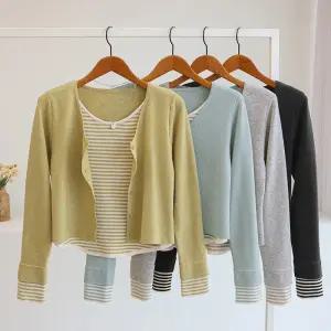 [잇수다] 보노바 이중 스트라이프 배색 레이어드 라운드 니트 가디건