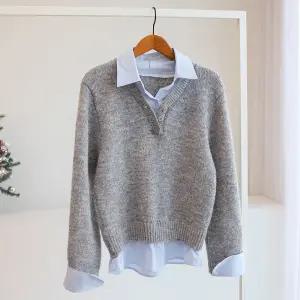 [잇수다] 시투엣 카라 셔츠 배색 레이어드 브이넥 버튼 니트