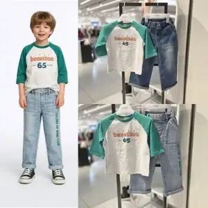 [갤러리아] 베네통키즈 26SS 라글란티셔츠데님팬츠세트 QATS02611/QADP01611GN