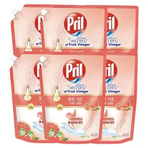 프릴 고농축 주방세제 맑은식초 리필 자몽, 1L, 6개
