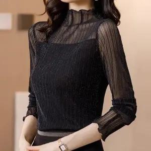 라인댄스상의 펄 시스루 모던 긴팔 사교 스포츠 자이브 재즈 하이넥 댄스복 라틴