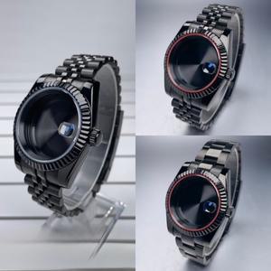 39mm 풀 블랙 DJ NH35 케이스 플루트 베젤 사파이어 Seik Mod 수정 부품 맞춤 무브먼트 스틸 시계