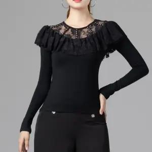 블랙 레이스 프릴넥 상의 댄스복 라인 긴소매 티셔츠 라틴