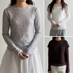 여성 국산 도트 시스루 레이스 보트넥 긴팔티 레이어드 이너티 -WTS1041- 봄 가을