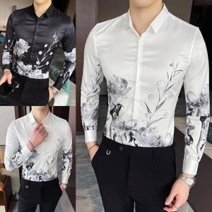 MLMLH남자 댄스복 상의 라틴 라인 사교 대회복 화이트 긴팔 폴라 무대 스포츠