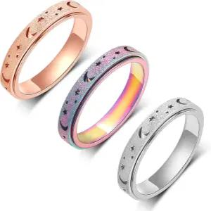 여성용 럭키아모르 피젯 불안 반지 - 3Pcs 4MM 레인보우 로즈 골드 실버 문 스타 할로우 스테인리스 스틸