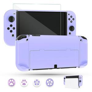 스위치 OLED 모델 스킨용 Fundiary 도커블 퍼플 케이스 화면 보호기가 있는 콘솔 그립용 액세서리 커버 및 4 그립 캡 플립 쉘에 의한 보호
