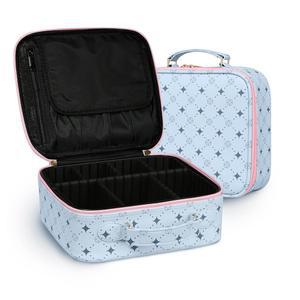 여행용 메이크업 가방 방수 정리함 조절 가능한 칸막이 휴대용 기차 케이스 여성용 선물 소녀 선물 (블루 핑크)