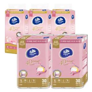 빈다 4D Deluxe 엠보싱 퍼스트로즈 롤화장지 4겹, 23m, 30롤, 2팩 + 4D Deluxe 엠보싱 퍼스트로즈 미용티슈, 3겹, 100매, 5개입, 3팩