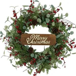 현관문용 크리스마스 화환 반짝이는 나뭇잎과 솔잎이 달린 인조 실내 벽 창문 장식용 포동한 소나무와 붉은