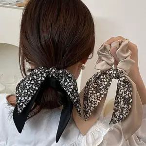 (다올)이중 리본 실크 스카프 머리끈 플라워 패턴 곱창 밴드