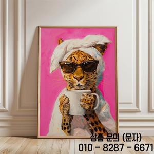 모던 레오파드 마시는 커피 다채로운 도파민 프린트 캔버스 페인팅 포스터 그림 거실 홈 데코