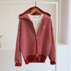 [잇수다] 프라치 스트라이프 투웨이 루즈핏 후드 니트 집업 가디건