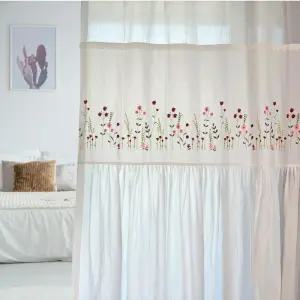 [안방커튼] 광목 화이트 플라워 주름 커텐 들꽃레드 자수 34평 32평