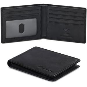 트래블람보 남성 리얼 가죽 이중폴드 지갑 RFID 차단 - 선물 상자에 신분증 창이 있는 얇고 스타일리시한 제품(크레이지 호스 블랙)
