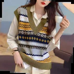 브이넥 노르딕 니트 베스트 배색시보리 셔츠 레이어드