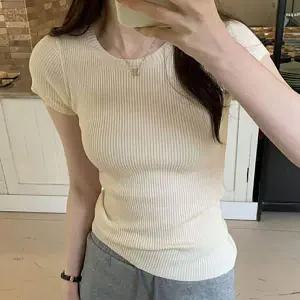 여성 QE10TM76 라운드 캡소매 반팔 골지 캐주얼 니트 티셔츠