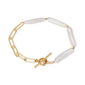 [비앤비골드] 14K 마레 바로크 진주 언발 클립체인 토글바 팔찌 IGB41497