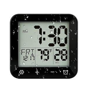 오나노스 디지털 방수 샤워 시계, 카운트다운 타이머가 있는 욕실 주방 대형 LCD 디스플레이가 벽 온도, 터치 버튼, 흡입구, 걸이 구멍, 배터리 작동 I 블랙