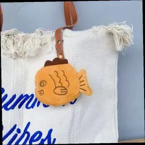 에코백 토트백 붕어빵 키링 장식 프린지 끈 캔버스 천연 면 소재 캐주얼 데일리 숄더백 파우치