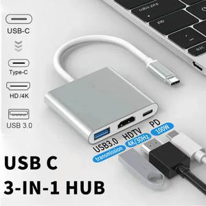 3-in-1 USB C 허브  C-HDMI 호환 4k 3.0 변환기 연장 케이블 PD100W PC 노트북 Macbook 용 충전 어댑터