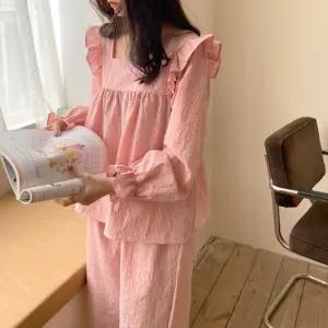 편안한 여성 러블리 프릴 디자인 홈웨어 잠옷 세트 여자 커플 투피스