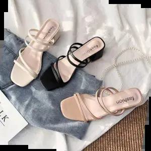 리본샌들 멀티 스트랩 샌들 미들힐 여름 통굽 구두 각진코