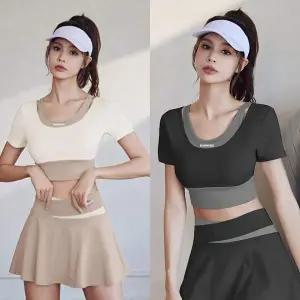 크롭 브라 레이어드 운동복 러닝 탑 배색