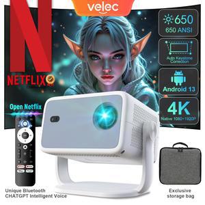 벨렉 TP350 650 ANSI 4K HD 1080P 자동 초점 안드 13 Wifi6 BT5 2 휴대용 야외 비디오 스마트 홈 시어터
