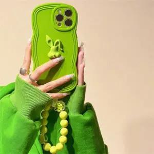 유니블링 아이폰 14 13 12 11 그린토끼 비즈구슬 스트랩 케이스