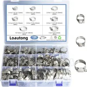 190PCS 웜 기어 호스 클램프 모음 키트 1/4 -2 (6-51mm) 304 스테인리스 스틸 헤비 듀티 조절 가능한 나사