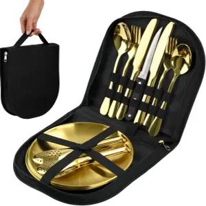 접시 나이프 포크 숟가락을 포함한 20피스 골드 스테인리스 스틸 실버웨어 세트 - 캠핑용 프리미엄 야외
