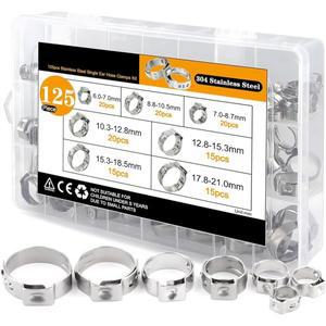 호환상품 125개 7-21mm 크림프 호스 클램프 세트 싱글 이어 연료 라인 304 스테인리스 스틸 튜브 파이프 클