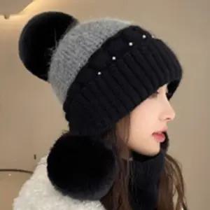 여성 배색 따뜻한 기모 귀여운 니트 방울 모자 Puv7+4abX