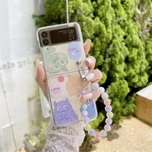 유니블링 갤럭시 z플립 3 4 반투명 몬스터 비즈 스트랩 케이스