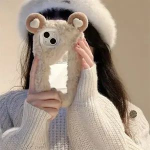 유니블링 아이폰 14 13 12 11 하트 곰돌이 밍크 퍼 미러 케이스