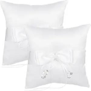 오미스타 2팩 링 베어러 베개 7.9인치 화이트 웨딩 로맨틱 리본 활과 진주 장식 가볍고 휴대하기 좋은