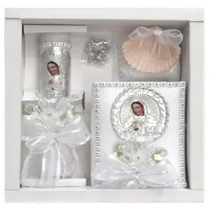 껍질과 호의를 담은 세례용 SWEA Pea Lilli 화이트 성모 마리아 세례 양초 세트 키트 - 스페인어