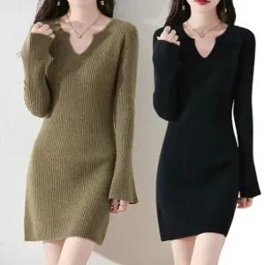 ETN 미엘리 V넥 골지 니트 원피스 미니 치마 스커트 겨울 가을 여성 하객룩