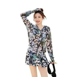 아줌마수영복상의 캡내장반팔래쉬가드 할머니래쉬가드 50대 블랙 플로럴 3피스 세트 M