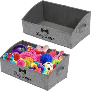 가이세테 2팩 대형 반려견 장난감 통 - 개 손잡이가 있는 접이식 패브릭 사다리꼴 정리함(스노우 그레이)