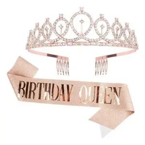 생일 공주 성인 파티 용품 왕관 어깨띠 세트 펄핑크 (KYR-WFJE3H2)