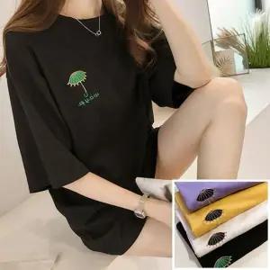 여성 우산 자수 포인트 깔끔 여름 편한 반팔 티셔츠