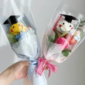 학사모 스마일폼폼 킨더조이 비누꽃다발+메세지스티커 간식꽃다발 졸업식 수료식 남아용 여아용 블루 핑크
